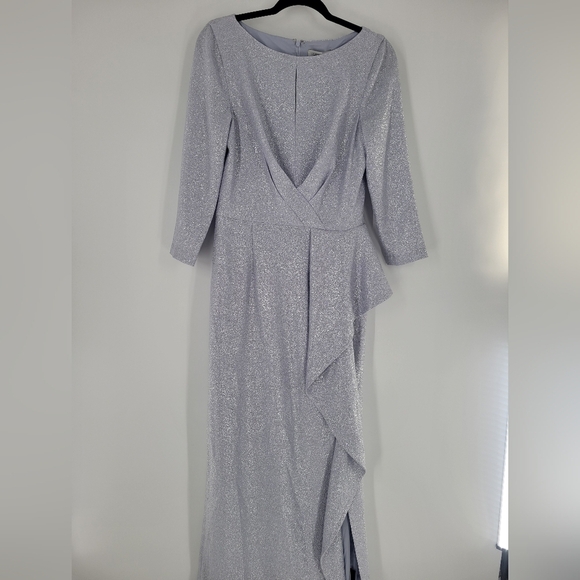Teri Jon By Ricky Freeman Women’s Metallic Ruffle Gown Silver Size 10 New - Picture 1 of 9